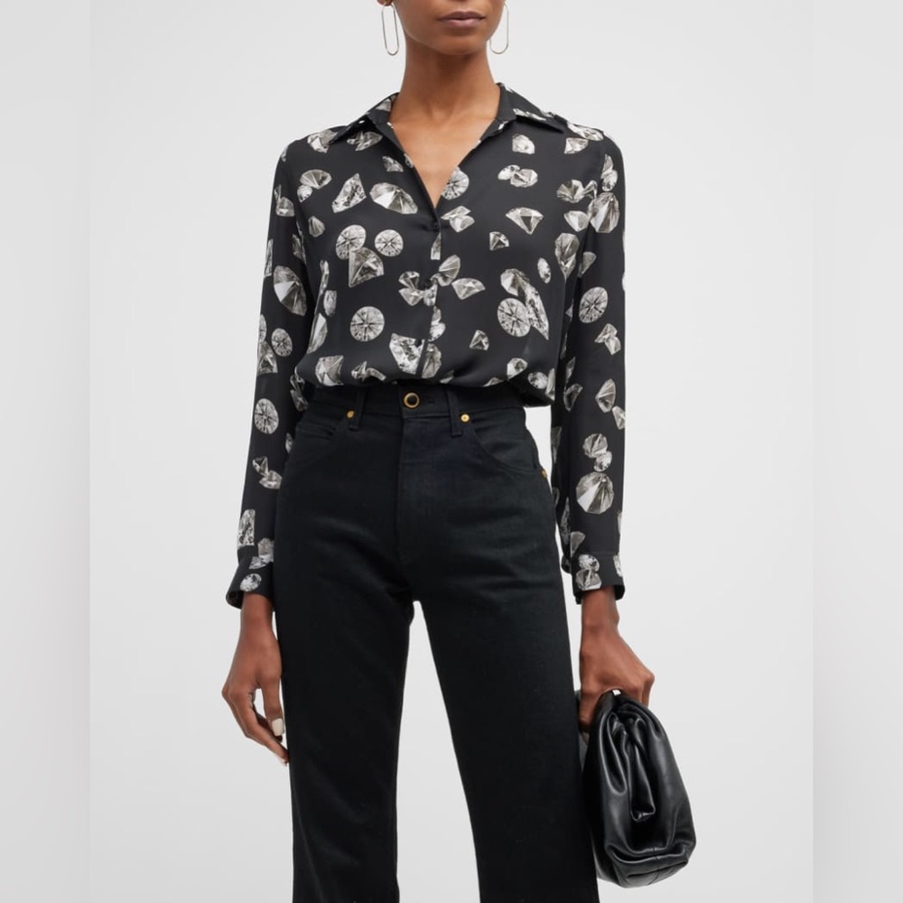 L'AGENCE Charcoal Black and Grey/White Diamond Print Silk Blouse